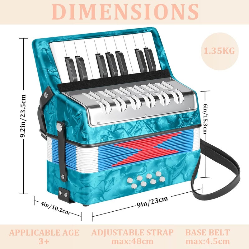 LOTKEY 17 Key Piano Accordion, 8 Bass Kids Accordion, Celluloid Body, Metal Cover Accordions Louder Clearer Timbre Than Plastic, Lightweight Design for Children, Beginners to Practice (Azure Blue) - Image 2